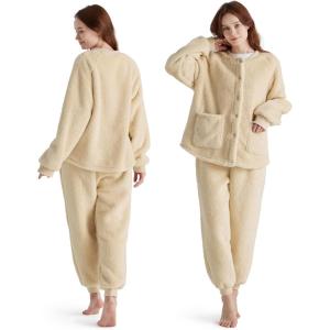imageBedsure Flannel Pajamas for Women Set Winter Fuzzy Fleece Pajama Loungewear 2 Piece Soft Cozy Warm Sherpa SleepwearKhaki