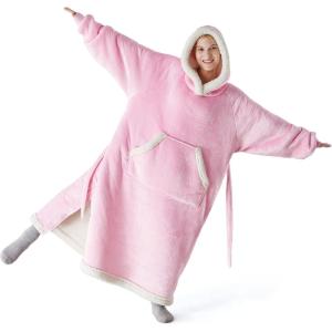 imageBedsure Oversized Blanket Hoodie  Longlength Wearable Hooded Blanket Sweatshirt with Side Split Belt and Big Hood Giant Warm Sherpa Sweater Blanket Jacket Pink