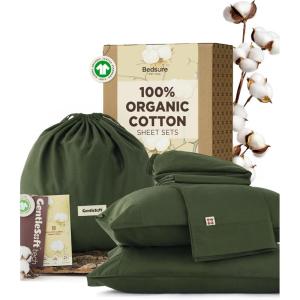 imageBedsure 100 GOTS Organic Cotton Sheets Fair Trade Certified King Bedding Set EcoFriendly UltraSoft 17 inches Deep Pocket King Sheet Sateen Weave Cotton Luxurious Hotel Bed Set Ivory03  Olive Green