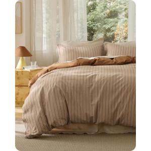 imageBedsure 100 Washed Cotton Duvet Cover Queen Size Classic Striped Duvet Cover Set Enhances Bedroom Comfort and Style GentleSoft and Breathable Bedding Set Stripes TanWhite 90quotx90quot02 Stripes  CamelBrown No Comforter