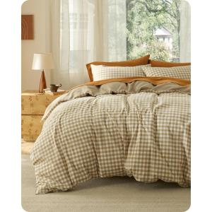 imageBedsure 100 Washed Cotton Duvet Cover Queen Size Classic Striped Duvet Cover Set Enhances Bedroom Comfort and Style GentleSoft and Breathable Bedding Set Stripes TanWhite 90quotx90quot05  Gingham  Khaki No Comforter