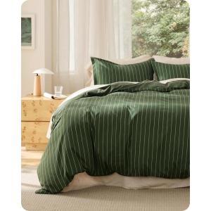 imageBedsure 100 Washed Cotton Duvet Cover Queen Size Classic Striped Duvet Cover Set Enhances Bedroom Comfort and Style GentleSoft and Breathable Bedding Set Stripes TanWhite 90quotx90quot03  Stripes  Olive Green No Comforter