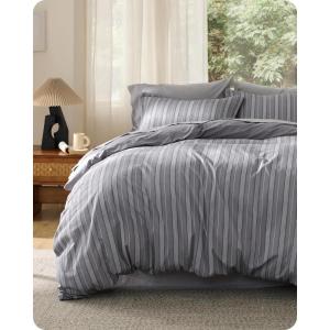 imageBedsure 100 Washed Cotton Duvet Cover Queen Size Classic Striped Duvet Cover Set Enhances Bedroom Comfort and Style GentleSoft and Breathable Bedding Set Stripes TanWhite 90quotx90quot04  Stripes  Grey No Comforter