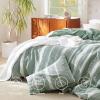 imageBedsure 100 Cotton Duvet Cover Queen Size with Fitted Sheet  4 Pieces Coconut White Waffle Weave Bedding Set GentleSoft and Breathable Includes 1 Duvet Cover 90x90 1 Fitted Sheet 2 Pillow Shams19  Strip Green No Comforter