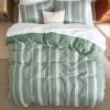 imageBedsure 100 Cotton Duvet Cover Queen Size with Fitted Sheet  4 Pieces Coconut White Waffle Weave Bedding Set GentleSoft and Breathable Includes 1 Duvet Cover 90x90 1 Fitted Sheet 2 Pillow Shams19  Strip Green No Comforter