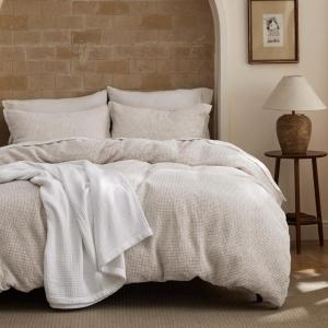 imageBedsure 100 Cotton Duvet Cover Queen Size with Fitted Sheet  4 Pieces Coconut White Waffle Weave Bedding Set GentleSoft and Breathable Includes 1 Duvet Cover 90x90 1 Fitted Sheet 2 Pillow Shams19  Spacedyed Linen No Comforter