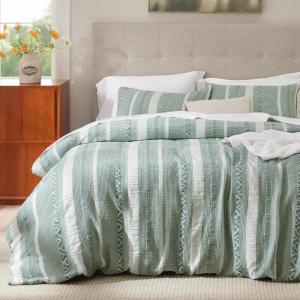 imageBedsure 100 Cotton Duvet Cover Queen Size with Fitted Sheet  4 Pieces Coconut White Waffle Weave Bedding Set GentleSoft and Breathable Includes 1 Duvet Cover 90x90 1 Fitted Sheet 2 Pillow Shams19  Strip Green No Comforter