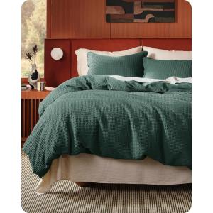 imageBedsure 100 Cotton Duvet Cover Queen Size with Fitted Sheet  4 Pieces Coconut White Waffle Weave Bedding Set GentleSoft and Breathable Includes 1 Duvet Cover 90x90 1 Fitted Sheet 2 Pillow Shams13  Forest Green No Comforter