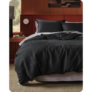 imageBedsure 100 Cotton Duvet Cover Queen Size with Fitted Sheet  4 Pieces Coconut White Waffle Weave Bedding Set GentleSoft and Breathable Includes 1 Duvet Cover 90x90 1 Fitted Sheet 2 Pillow Shams19  Black No Comforter