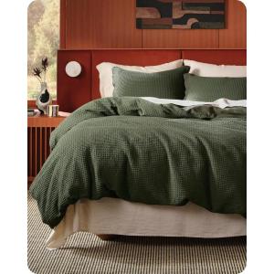 imageBedsure 100 Cotton Duvet Cover Queen Size with Fitted Sheet  4 Pieces Coconut White Waffle Weave Bedding Set GentleSoft and Breathable Includes 1 Duvet Cover 90x90 1 Fitted Sheet 2 Pillow Shams14  Olive Green No Comforter