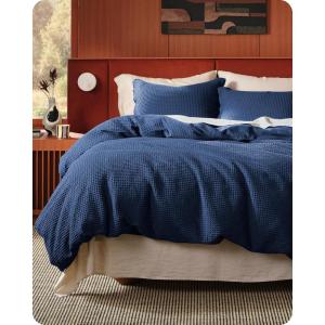imageBedsure 100 Cotton Duvet Cover Queen Size with Fitted Sheet  4 Pieces Coconut White Waffle Weave Bedding Set GentleSoft and Breathable Includes 1 Duvet Cover 90x90 1 Fitted Sheet 2 Pillow Shams17  Navy No Comforter