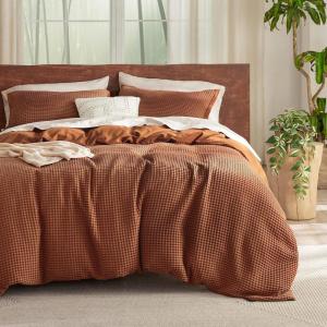 imageBedsure 100 Cotton Duvet Cover Queen Size with Fitted Sheet  4 Pieces Coconut White Waffle Weave Bedding Set GentleSoft and Breathable Includes 1 Duvet Cover 90x90 1 Fitted Sheet 2 Pillow Shams21  Cooling Burn Orange No Comforter