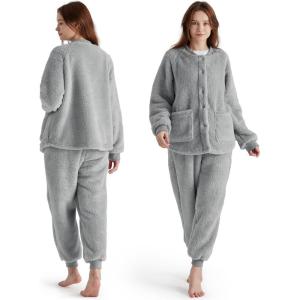 imageBedsure Fleece Pajamas for Women Set Winter Fuzzy Flannel Pajamas Loungewear 2 Piece Soft Cozy Warm Fluffy Sherpa SleepwearGrey