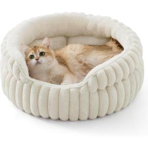 imageBedsure ComfyFleece Small Cat Bed Washable Round Cute Pet Beds for Indoor Cats Super Soft Corduroy Kitten Bed with AntiSlip Bottom 20x20x8 Warm GrayCream
