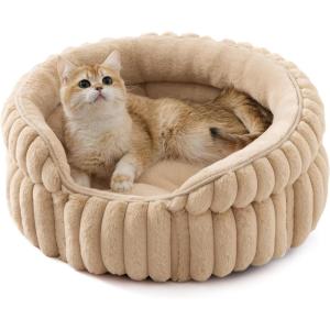 imageBedsure ComfyFleece Small Cat Bed Washable Round Cute Pet Beds for Indoor Cats Super Soft Corduroy Kitten Bed with AntiSlip Bottom 20x20x8 Warm GraySandy Beige
