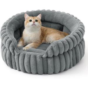 imageBedsure ComfyFleece Small Cat Bed Washable Round Cute Pet Beds for Indoor Cats Super Soft Corduroy Kitten Bed with AntiSlip Bottom 20x20x8 Warm GrayWarm Gray