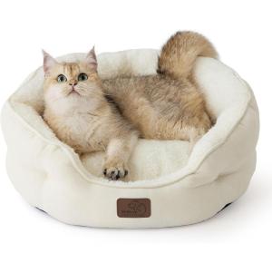 imageBedsure Dog Bed for Medium Dogs  Round Washable Medium Pet Bed AntiSlip Donut Fluffy Plush Indoor Fur Cat Bed 28 inches CamelAngelic Ivory