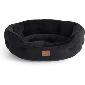 imageBedsure Dog Bed for Medium Dogs  Round Washable Medium Pet Bed AntiSlip Donut Fluffy Plush Indoor Fur Cat Bed 28 inches CamelBlack
