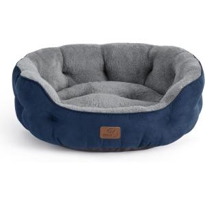 imageBedsure Dog Bed for Medium Dogs  Round Washable Medium Pet Bed AntiSlip Donut Fluffy Plush Indoor Fur Cat Bed 28 inches CamelNavy