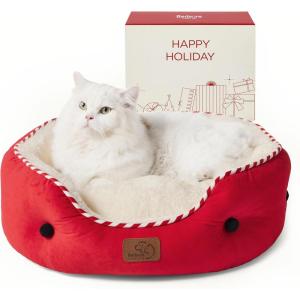 imageBedsure Dog Bed for Medium Dogs  Round Washable Medium Pet Bed AntiSlip Donut Fluffy Plush Indoor Fur Cat Bed 28 inches CamelSavvy Red