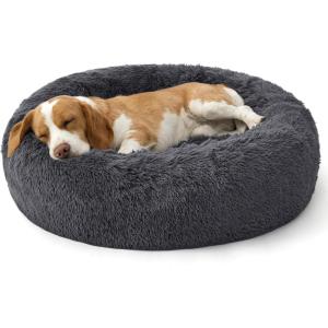 imageBedsure Calming Dog Beds Large Sized Dog  36in Donut Washable Large Pet BedAntiSlip Removable Cover420GSM Round AntiAnxiety Fluffy Plush Faux Fur Bed Fits up to 80 lbs PetsPlus VersionDark Grey