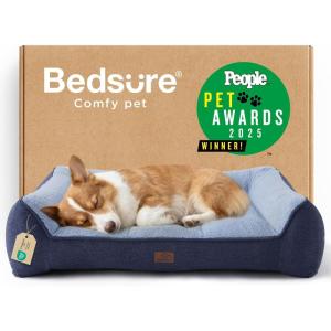 imageBedsure SupportMax XL Pro Orthopedic Dog Beds Large Sized Dog  Extra Thick Supportive Dogs Couch with Waterproof Washable Cover Extra Large Comfort Pet Sofa with Soft Sherpa amp Nonskid Bottom BeigeNavy