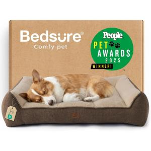 imageBedsure SupportMax XL Pro Orthopedic Dog Beds Large Sized Dog  Extra Thick Supportive Dogs Couch with Waterproof Washable Cover Extra Large Comfort Pet Sofa with Soft Sherpa amp Nonskid Bottom BeigeBrown