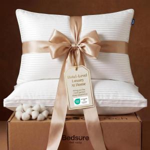 imageBedsure Bed Pillows Queen Size Set of 2  Hotel Quality Down Alternative Support Gusseted Pillow for Sleeping  100 Cotton Cover 300 Thread Count  PureWoven Bedding for Back Stomach SleepersWhite