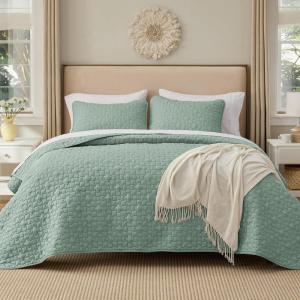 imageBedsure Quilts Queen Size  Lightweight Bedspreads Queen Size with Classic Honeycomb Quilting Soft Quilt Bedding Set Taupe Comforter Set Coverlet for All Seasons with 2 Pillow Shams 90 x 96  SkinFriendly Soft AllSeason Comfort Breathable Lightweight Machine Washable09  Sage Green Lucky Star