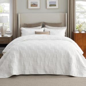 imageBedsure 100 Cotton Quilt Set  Queen Size Bedspread Lightweight Soft Bed Coverlet PureWoven 3Piece Cozy Stitching Comforter with 2 Pillow Shams in Embroidery Clover Pattern 90x96 in Linen Beige09  White Checker