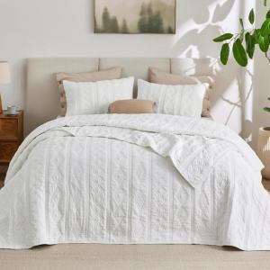 imageBedsure 100 Cotton Quilt Set  Queen Size Bedspread Lightweight Soft Bed Coverlet PureWoven 3Piece Cozy Stitching Comforter with 2 Pillow Shams in Embroidery Clover Pattern 90x96 in Linen Beige07  White  Tribal Geometry