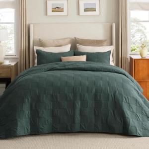 imageBedsure 100 Cotton Quilt Set  Queen Size Bedspread Lightweight Soft Bed Coverlet PureWoven 3Piece Cozy Stitching Comforter with 2 Pillow Shams in Embroidery Clover Pattern 90x96 in Linen Beige10  Dark Green Checker