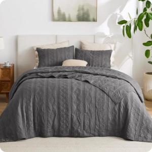 imageBedsure 100 Cotton Quilt Set  Queen Size Bedspread Lightweight Soft Bed Coverlet PureWoven 3Piece Cozy Stitching Comforter with 2 Pillow Shams in Embroidery Clover Pattern 90x96 in Linen Beige04  Grey  Tribal Geometry