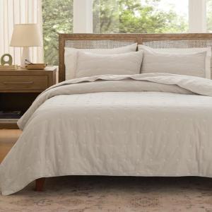 imageBedsure 100 Cotton Quilt Set  Queen Size Bedspread Lightweight Soft Bed Coverlet PureWoven 3Piece Cozy Stitching Comforter with 2 Pillow Shams in Embroidery Clover Pattern 90x96 in Linen Beige06  Linen Beige  Four Leaf Clover