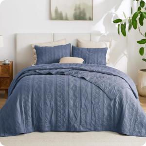 imageBedsure 100 Cotton Quilt Set  Queen Size Bedspread Lightweight Soft Bed Coverlet PureWoven 3Piece Cozy Stitching Comforter with 2 Pillow Shams in Embroidery Clover Pattern 90x96 in Linen Beige03  Navy Blue  Tribal Geometry