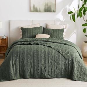 imageBedsure 100 Cotton Quilt Set  Queen Size Bedspread Lightweight Soft Bed Coverlet PureWoven 3Piece Cozy Stitching Comforter with 2 Pillow Shams in Embroidery Clover Pattern 90x96 in Linen Beige01  Olive Green  Tribal Geometry