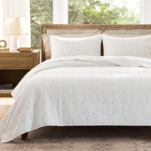 imageBedsure 100 Cotton Quilt Set  Queen Size Bedspread Lightweight Soft Bed Coverlet PureWoven 3Piece Cozy Stitching Comforter with 2 Pillow Shams in Embroidery Clover Pattern 90x96 in Linen Beige07  White  Four Leaf Clover