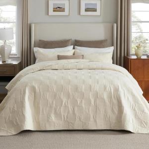 imageBedsure 100 Cotton Quilt Set  Queen Size Bedspread Lightweight Soft Bed Coverlet PureWoven 3Piece Cozy Stitching Comforter with 2 Pillow Shams in Embroidery Clover Pattern 90x96 in Linen Beige11  Beige Checker