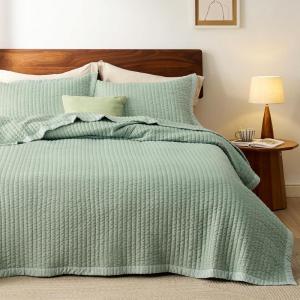imageBedsure Quilts Queen Size  Queen Quilt Bedding Set Bedspread Coverlet Comforter Lightweight Neutral Striped Bedding 3Piece Set with 90x96 Coverlet amp 2 Pillow Shams AllSeason Soft Microfiber10  Green Contrast Border
