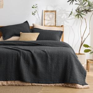 imageBedsure Quilts Queen Size  Queen Quilt Bedding Set Bedspread Coverlet Comforter Lightweight Neutral Striped Bedding 3Piece Set with 90x96 Coverlet amp 2 Pillow Shams AllSeason Soft Microfiber05  Black Solid Border