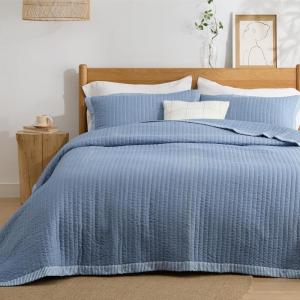 imageBedsure Quilts Queen Size  Queen Quilt Bedding Set Bedspread Coverlet Comforter Lightweight Neutral Striped Bedding 3Piece Set with 90x96 Coverlet amp 2 Pillow Shams AllSeason Soft Microfiber09  Blue Contrast Border