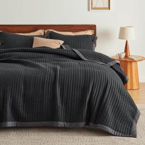 imageBedsure Quilts Queen Size  Queen Quilt Bedding Set Bedspread Coverlet Comforter Lightweight Neutral Striped Bedding 3Piece Set with 90x96 Coverlet amp 2 Pillow Shams AllSeason Soft Microfiber11  Black Contrast Border