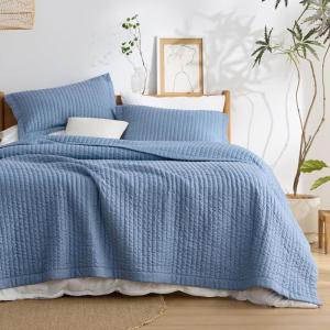 imageBedsure Quilts Queen Size  Queen Quilt Bedding Set Bedspread Coverlet Comforter Lightweight Neutral Striped Bedding 3Piece Set with 90x96 Coverlet amp 2 Pillow Shams AllSeason Soft Microfiber03  Blue Solid Border
