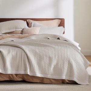 imageBedsure Quilts Queen Size  Queen Quilt Bedding Set Bedspread Coverlet Comforter Lightweight Neutral Striped Bedding 3Piece Set with 90x96 Coverlet amp 2 Pillow Shams AllSeason Soft Microfiber07  Linen Contrast Border
