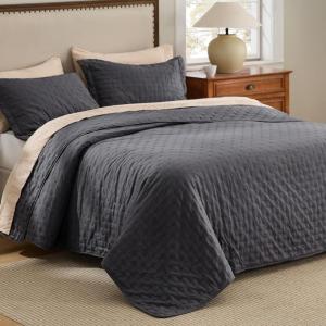 imageBedsure Quilts Queen Size  StitchFree Ultrasonic Quilting Lightweight Olive Green Comforter AllSeason Bedspread amp Coverlet Modern Floral Pattern Soft 3 Piece Machine Washable Bedding 90 x 96  StitchFree Quilting Ultra Soft Lightweight Machine Washable PetFriendly06  Charcoal  Clover