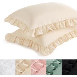 imageBedsure Ruffle Pillow Cases Black Pillow Shams Standard Size Set of 2 Double Brushed Microfiber Ruffled Pillow Covers with Envelope Closure 20 x 2603  Beige