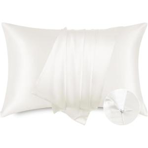 imageBedsure Satin Pillowcase with Zipper Similar to Silk Pillow Cases 2 Pack Satin King Size Pillow Cases Set of 2 Silky amp Soft Pillow Cover for Hair and Skin Gifts for Women Men Pink 20x36 Inches06  Ivory  Zipper