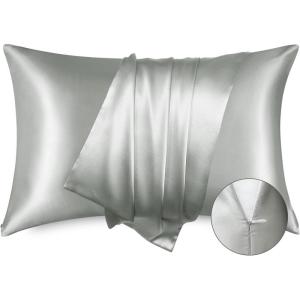 imageBedsure Satin Pillowcase with Zipper Similar to Silk Pillow Cases 2 Pack Satin King Size Pillow Cases Set of 2 Silky amp Soft Pillow Cover for Hair and Skin Gifts for Women Men Pink 20x36 Inches03  Grey  Zipper