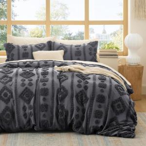 imageBedsure Green Duvet Cover Queen Size with Bowknot Jacquard Design Soft and Elegant Boho Bedding Set Luxurious Craftsmanship for a Stylish BedroomIncludes 1 90x90 Duvet Cover amp 2 Pillow Shams22  Gray Tufted No Comforter