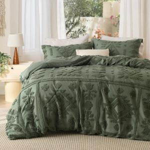 imageBedsure Green Duvet Cover Queen Size with Bowknot Jacquard Design Soft and Elegant Boho Bedding Set Luxurious Craftsmanship for a Stylish BedroomIncludes 1 90x90 Duvet Cover amp 2 Pillow Shams03  Olive Green No Comforter